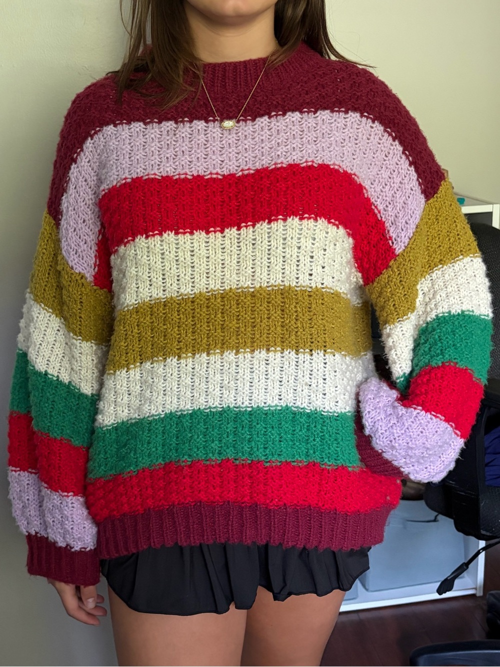 BiBi Multicolor Striped Chunky Crewneck Sweater Sz L Retro Trendy - Picture 8 of 8